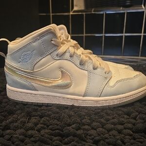 Nike White and Light Blue Air Jordan 1 Mid SE